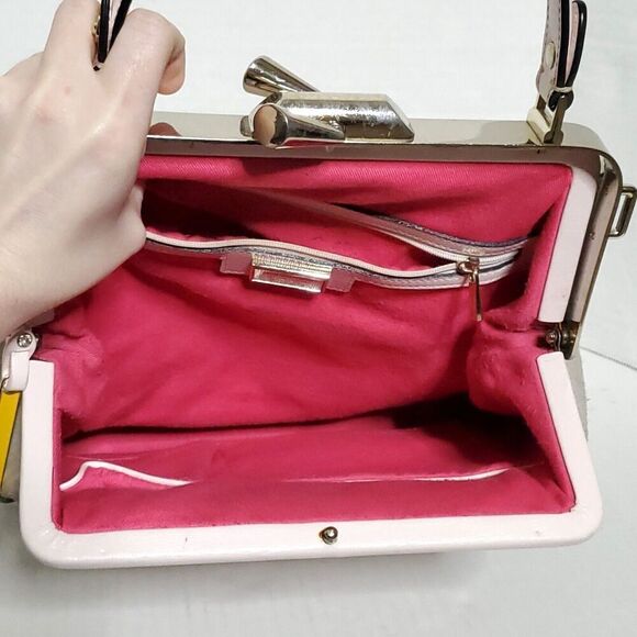 Cromia White Pink Coated Colorblock Suede Textured Leather Satchel Womens - Picture 5 of 16